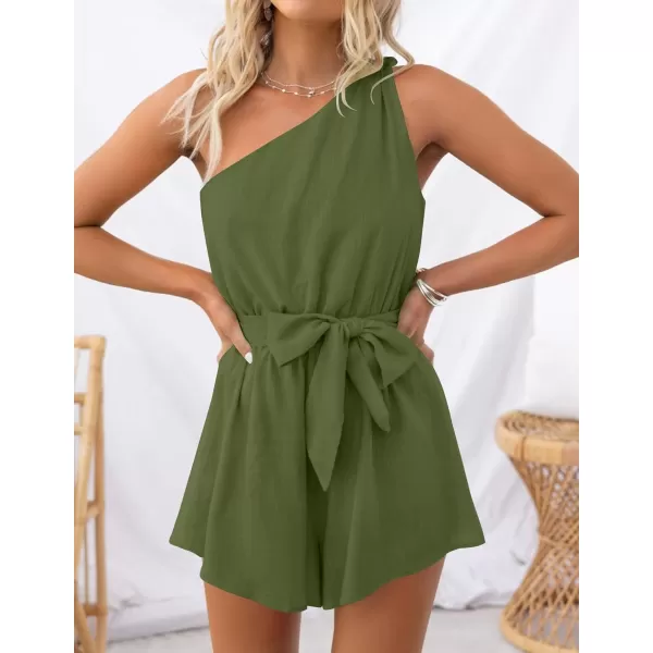 imageZESICA Womens 2023 Boho Summer Romper One Shoulder Sleeveless Tie Waist Beach Short Jumpsuit PlaysuitArmygreen