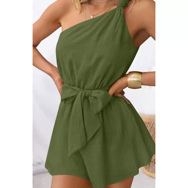 imageZESICA Womens 2023 Boho Summer Romper One Shoulder Sleeveless Tie Waist Beach Short Jumpsuit PlaysuitArmygreen