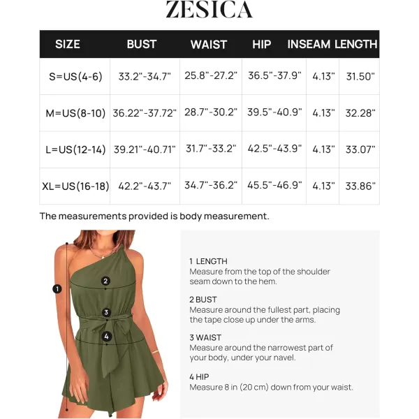imageZESICA Womens 2023 Boho Summer Romper One Shoulder Sleeveless Tie Waist Beach Short Jumpsuit PlaysuitArmygreen
