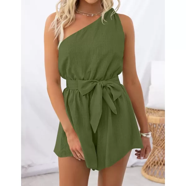 imageZESICA Womens 2023 Boho Summer Romper One Shoulder Sleeveless Tie Waist Beach Short Jumpsuit PlaysuitArmygreen