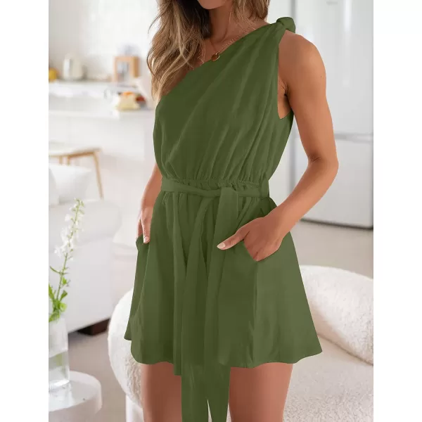 imageZESICA Womens 2023 Boho Summer Romper One Shoulder Sleeveless Tie Waist Beach Short Jumpsuit PlaysuitArmygreen