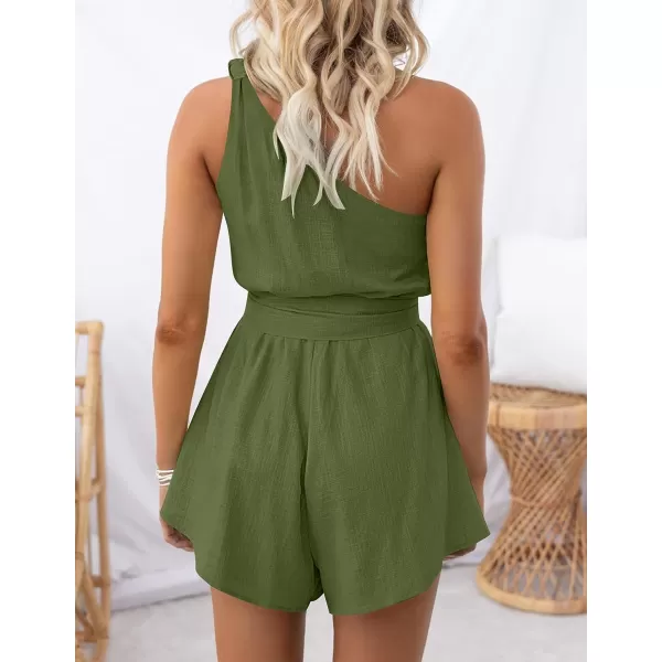 imageZESICA Womens 2023 Boho Summer Romper One Shoulder Sleeveless Tie Waist Beach Short Jumpsuit PlaysuitArmygreen