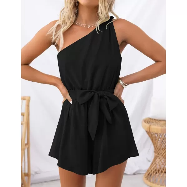 imageZESICA Womens 2023 Boho Summer Romper One Shoulder Sleeveless Tie Waist Beach Short Jumpsuit PlaysuitBlack