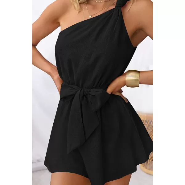 imageZESICA Womens 2023 Boho Summer Romper One Shoulder Sleeveless Tie Waist Beach Short Jumpsuit PlaysuitBlack