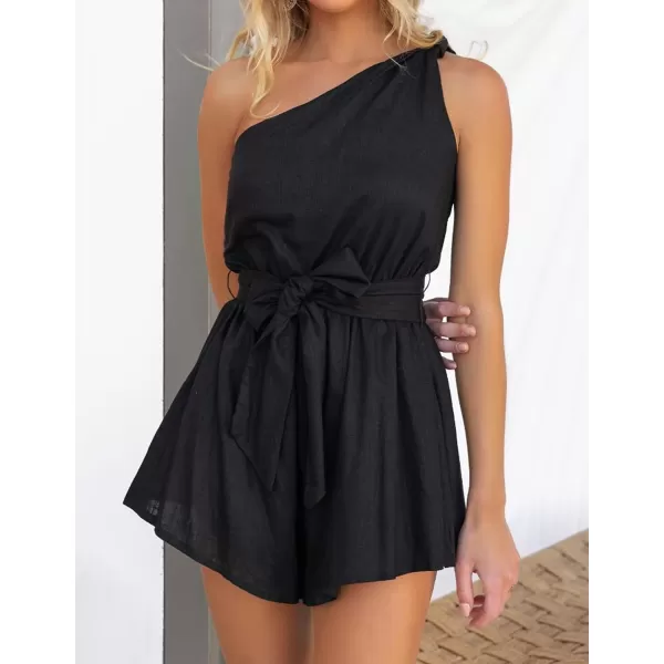 imageZESICA Womens 2023 Boho Summer Romper One Shoulder Sleeveless Tie Waist Beach Short Jumpsuit PlaysuitBlack