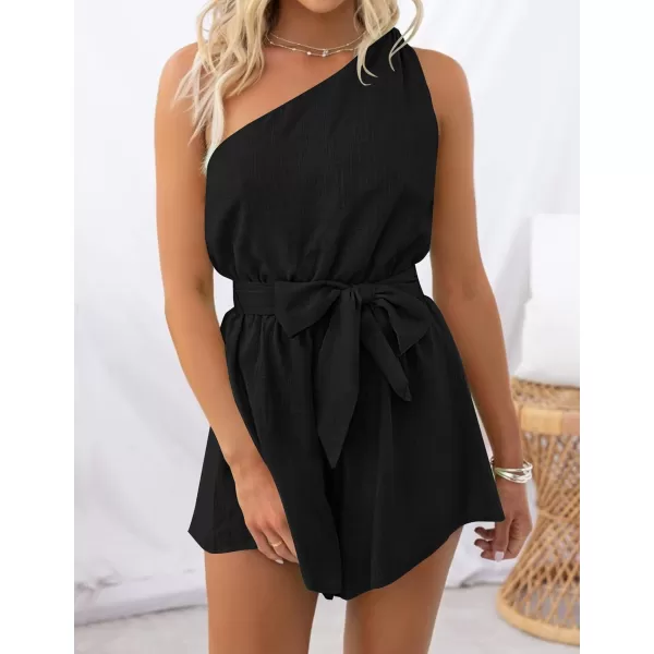 imageZESICA Womens 2023 Boho Summer Romper One Shoulder Sleeveless Tie Waist Beach Short Jumpsuit PlaysuitBlack