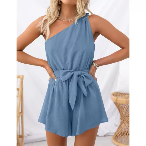 imageZESICA Womens 2023 Boho Summer Romper One Shoulder Sleeveless Tie Waist Beach Short Jumpsuit PlaysuitBlue
