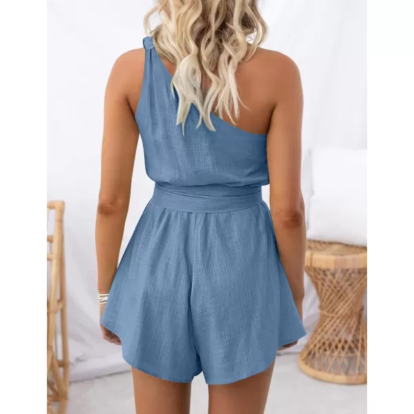 imageZESICA Womens 2023 Boho Summer Romper One Shoulder Sleeveless Tie Waist Beach Short Jumpsuit PlaysuitBlue
