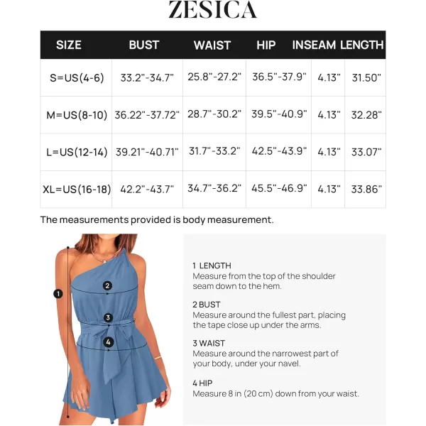 imageZESICA Womens 2023 Boho Summer Romper One Shoulder Sleeveless Tie Waist Beach Short Jumpsuit PlaysuitBlue