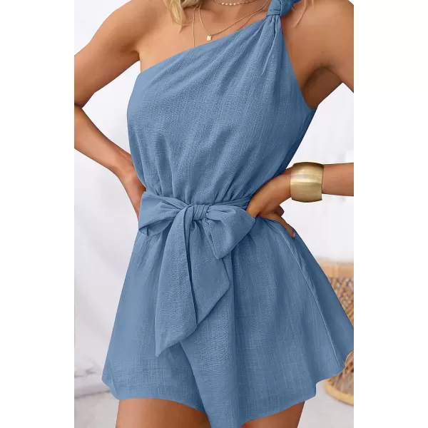 imageZESICA Womens 2023 Boho Summer Romper One Shoulder Sleeveless Tie Waist Beach Short Jumpsuit PlaysuitBlue