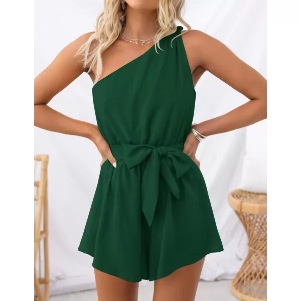 imageZESICA Womens 2023 Boho Summer Romper One Shoulder Sleeveless Tie Waist Beach Short Jumpsuit PlaysuitDarkgreen