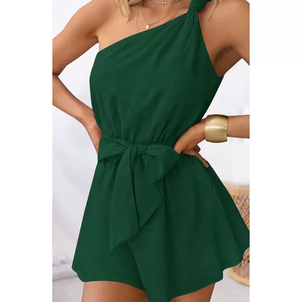 imageZESICA Womens 2023 Boho Summer Romper One Shoulder Sleeveless Tie Waist Beach Short Jumpsuit PlaysuitDarkgreen