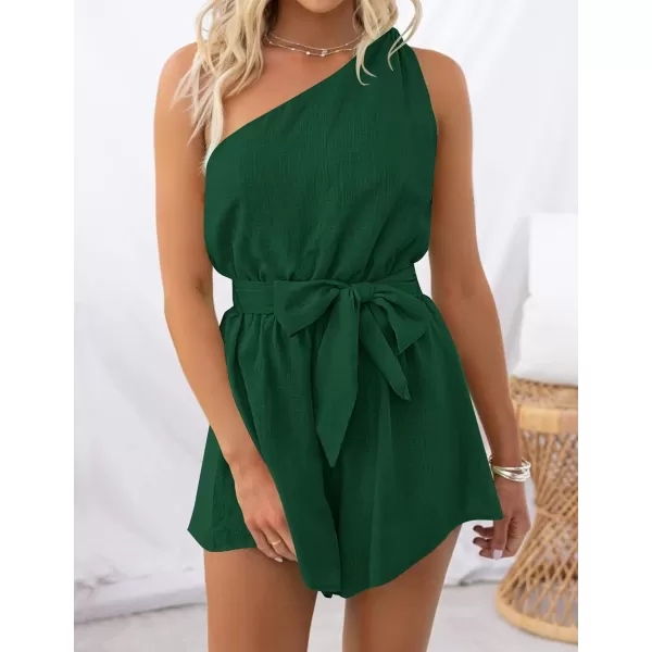imageZESICA Womens 2023 Boho Summer Romper One Shoulder Sleeveless Tie Waist Beach Short Jumpsuit PlaysuitDarkgreen