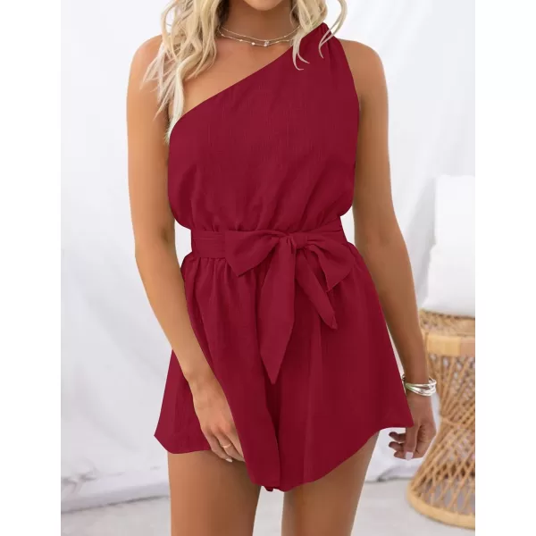 imageZESICA Womens 2023 Boho Summer Romper One Shoulder Sleeveless Tie Waist Beach Short Jumpsuit PlaysuitDarkred