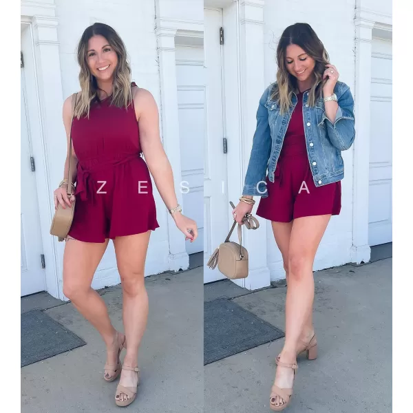 imageZESICA Womens 2023 Boho Summer Romper One Shoulder Sleeveless Tie Waist Beach Short Jumpsuit PlaysuitDarkred