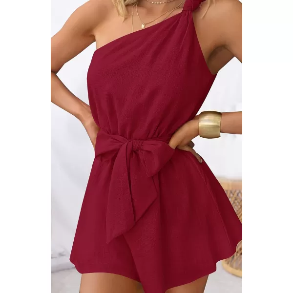 imageZESICA Womens 2023 Boho Summer Romper One Shoulder Sleeveless Tie Waist Beach Short Jumpsuit PlaysuitDarkred