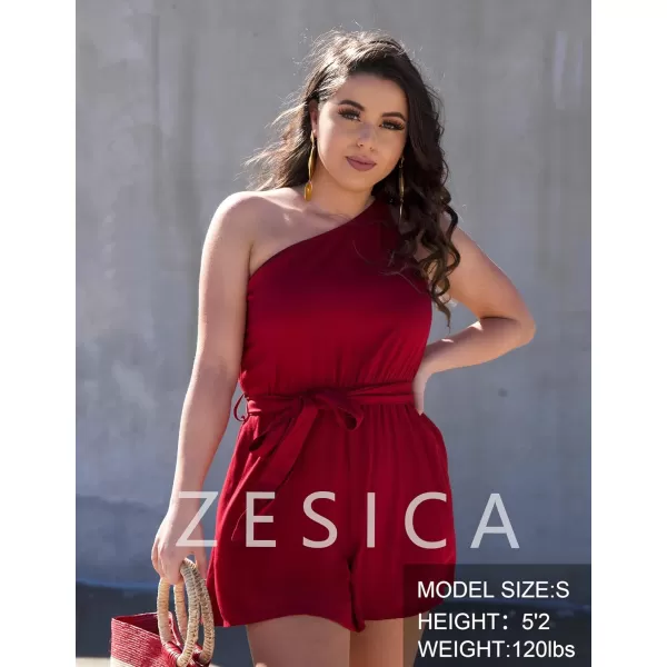 imageZESICA Womens 2023 Boho Summer Romper One Shoulder Sleeveless Tie Waist Beach Short Jumpsuit PlaysuitDarkred