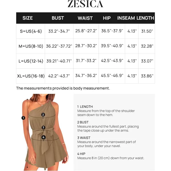 imageZESICA Womens 2023 Boho Summer Romper One Shoulder Sleeveless Tie Waist Beach Short Jumpsuit PlaysuitKhaki