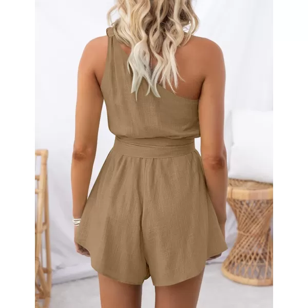 imageZESICA Womens 2023 Boho Summer Romper One Shoulder Sleeveless Tie Waist Beach Short Jumpsuit PlaysuitKhaki