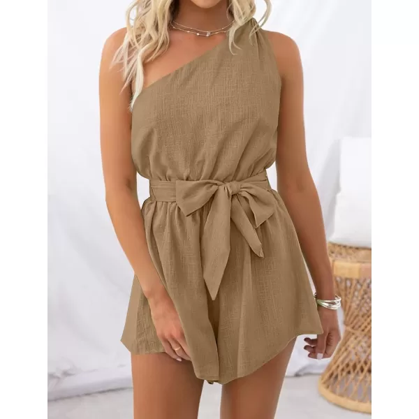 imageZESICA Womens 2023 Boho Summer Romper One Shoulder Sleeveless Tie Waist Beach Short Jumpsuit PlaysuitKhaki