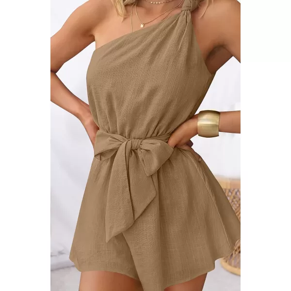 imageZESICA Womens 2023 Boho Summer Romper One Shoulder Sleeveless Tie Waist Beach Short Jumpsuit PlaysuitKhaki