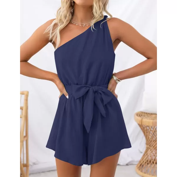 imageZESICA Womens 2023 Boho Summer Romper One Shoulder Sleeveless Tie Waist Beach Short Jumpsuit PlaysuitNavy