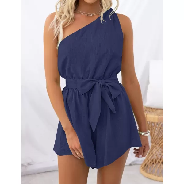 imageZESICA Womens 2023 Boho Summer Romper One Shoulder Sleeveless Tie Waist Beach Short Jumpsuit PlaysuitNavy