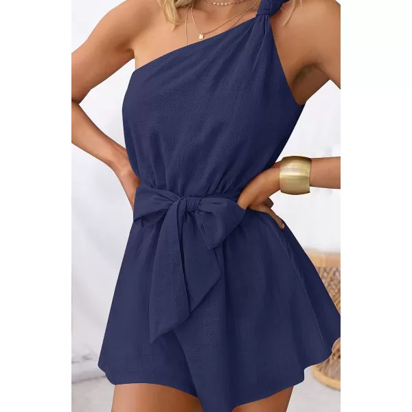 imageZESICA Womens 2023 Boho Summer Romper One Shoulder Sleeveless Tie Waist Beach Short Jumpsuit PlaysuitNavy