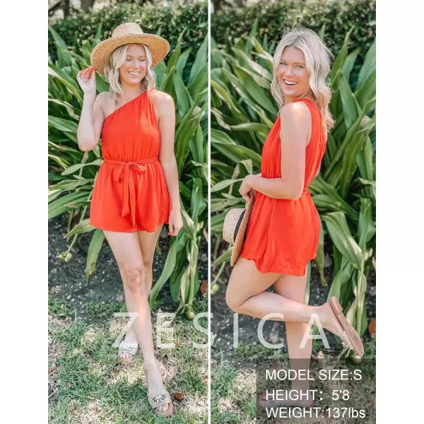 imageZESICA Womens 2023 Boho Summer Romper One Shoulder Sleeveless Tie Waist Beach Short Jumpsuit PlaysuitOrangered