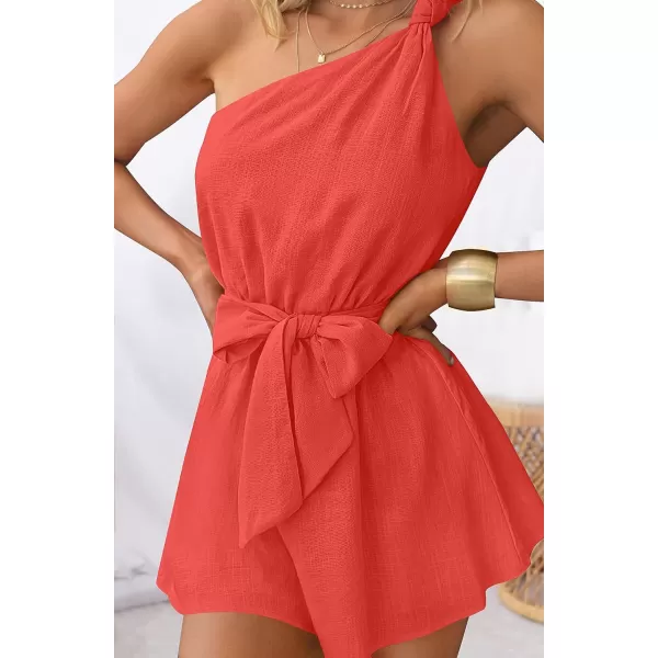imageZESICA Womens 2023 Boho Summer Romper One Shoulder Sleeveless Tie Waist Beach Short Jumpsuit PlaysuitOrangered