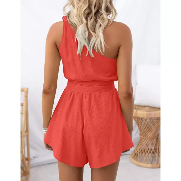 imageZESICA Womens 2023 Boho Summer Romper One Shoulder Sleeveless Tie Waist Beach Short Jumpsuit PlaysuitOrangered
