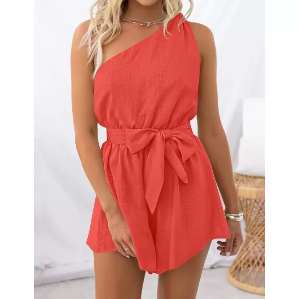 imageZESICA Womens 2023 Boho Summer Romper One Shoulder Sleeveless Tie Waist Beach Short Jumpsuit PlaysuitOrangered