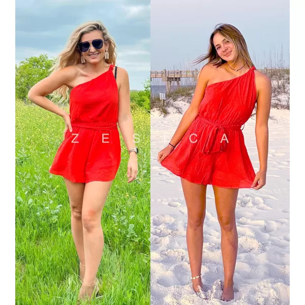 imageZESICA Womens 2023 Boho Summer Romper One Shoulder Sleeveless Tie Waist Beach Short Jumpsuit PlaysuitOrangered