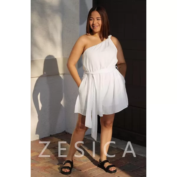 imageZESICA Womens 2023 Boho Summer Romper One Shoulder Sleeveless Tie Waist Beach Short Jumpsuit PlaysuitWhite