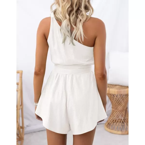 imageZESICA Womens 2023 Boho Summer Romper One Shoulder Sleeveless Tie Waist Beach Short Jumpsuit PlaysuitWhite