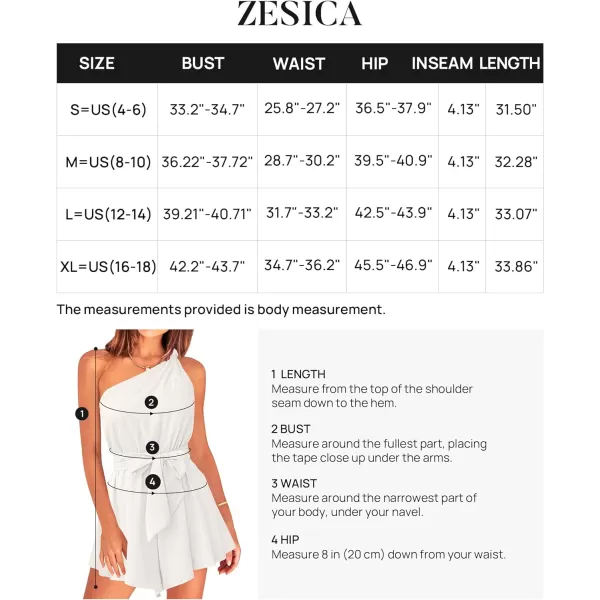 imageZESICA Womens 2023 Boho Summer Romper One Shoulder Sleeveless Tie Waist Beach Short Jumpsuit PlaysuitWhite
