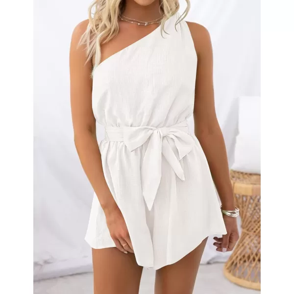 imageZESICA Womens 2023 Boho Summer Romper One Shoulder Sleeveless Tie Waist Beach Short Jumpsuit PlaysuitWhite