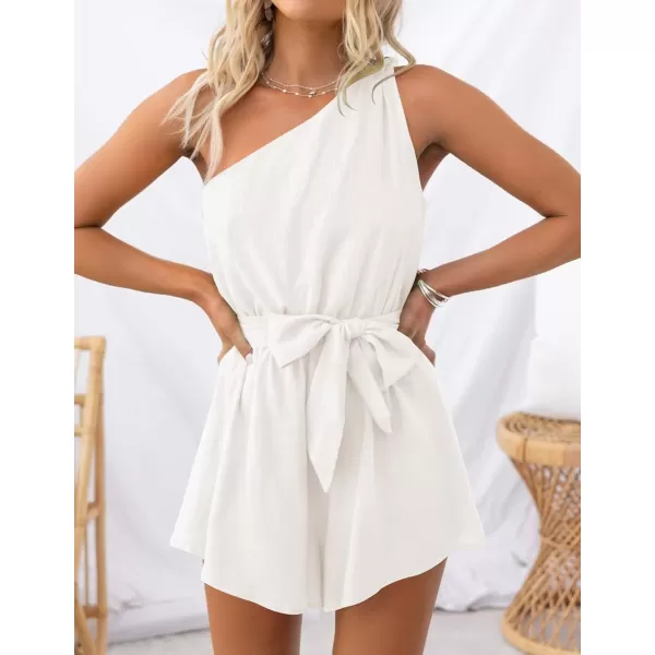 imageZESICA Womens 2023 Boho Summer Romper One Shoulder Sleeveless Tie Waist Beach Short Jumpsuit PlaysuitWhite