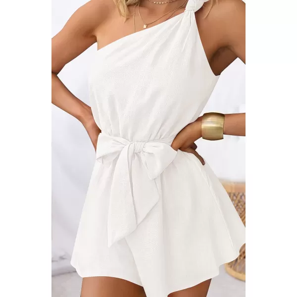 imageZESICA Womens 2023 Boho Summer Romper One Shoulder Sleeveless Tie Waist Beach Short Jumpsuit PlaysuitWhite