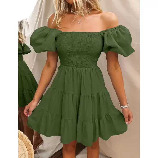 imageZESICA Womens 2023 Boho Summer Square Neck Puff Sleeve Off Shoulder Smocked Tiered Casual A Line Short Mini DressArmygreen