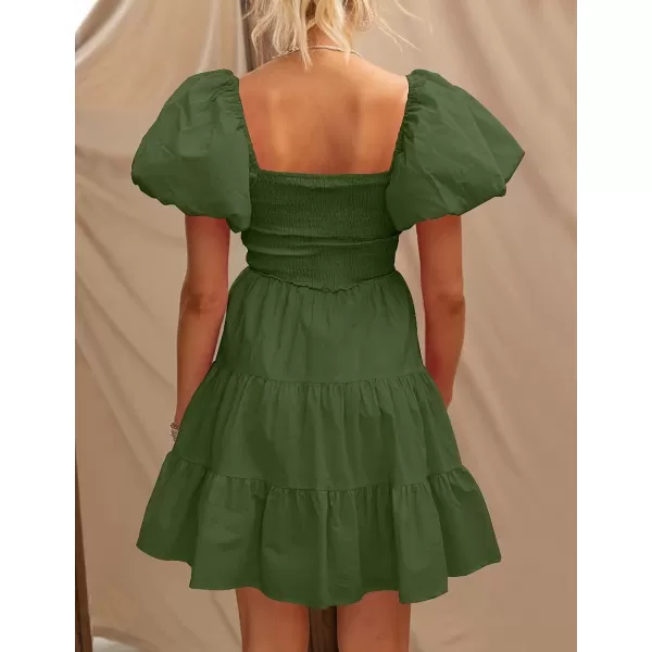 imageZESICA Womens 2023 Boho Summer Square Neck Puff Sleeve Off Shoulder Smocked Tiered Casual A Line Short Mini DressArmygreen