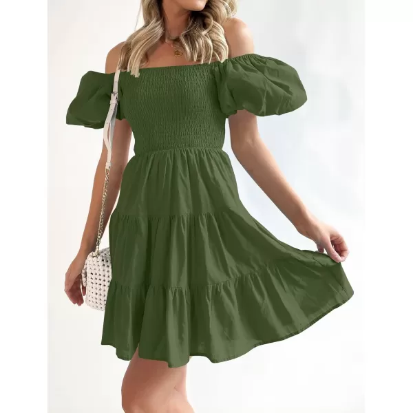imageZESICA Womens 2023 Boho Summer Square Neck Puff Sleeve Off Shoulder Smocked Tiered Casual A Line Short Mini DressArmygreen