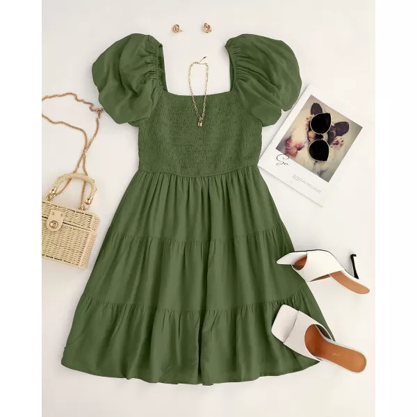 imageZESICA Womens 2023 Boho Summer Square Neck Puff Sleeve Off Shoulder Smocked Tiered Casual A Line Short Mini DressArmygreen