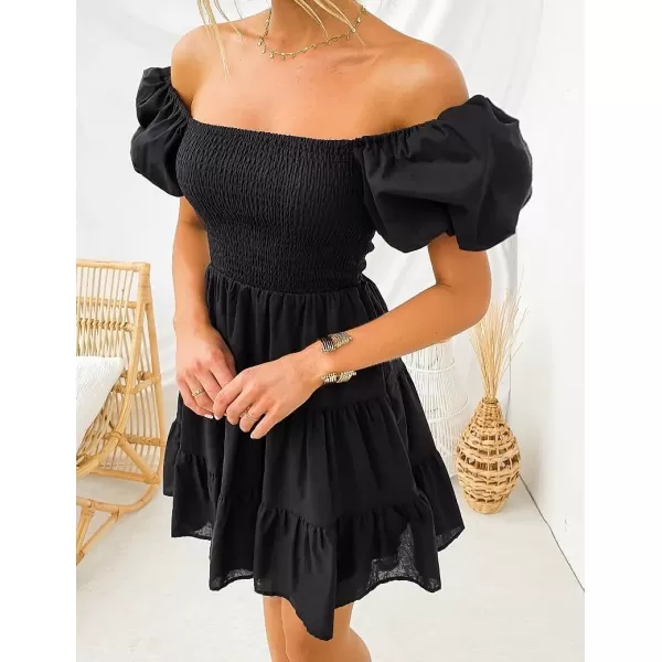 imageZESICA Womens 2023 Boho Summer Square Neck Puff Sleeve Off Shoulder Smocked Tiered Casual A Line Short Mini DressBlack