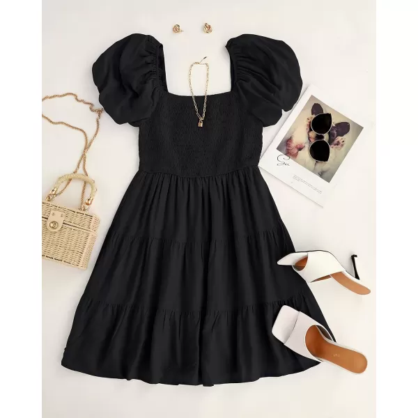 imageZESICA Womens 2023 Boho Summer Square Neck Puff Sleeve Off Shoulder Smocked Tiered Casual A Line Short Mini DressBlack