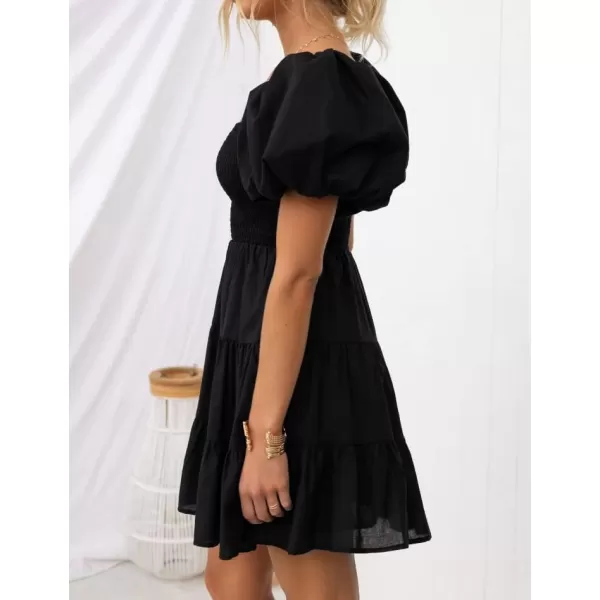 imageZESICA Womens 2023 Boho Summer Square Neck Puff Sleeve Off Shoulder Smocked Tiered Casual A Line Short Mini DressBlack