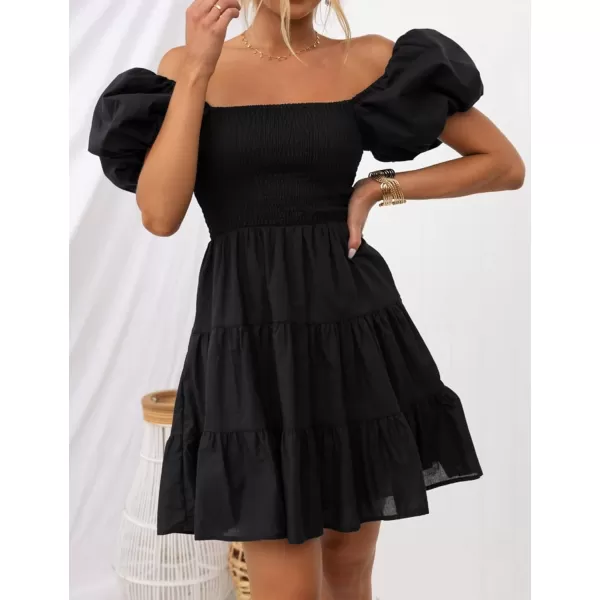 imageZESICA Womens 2023 Boho Summer Square Neck Puff Sleeve Off Shoulder Smocked Tiered Casual A Line Short Mini DressBlack