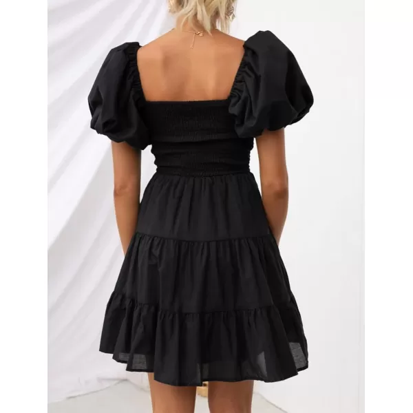 imageZESICA Womens 2023 Boho Summer Square Neck Puff Sleeve Off Shoulder Smocked Tiered Casual A Line Short Mini DressBlack