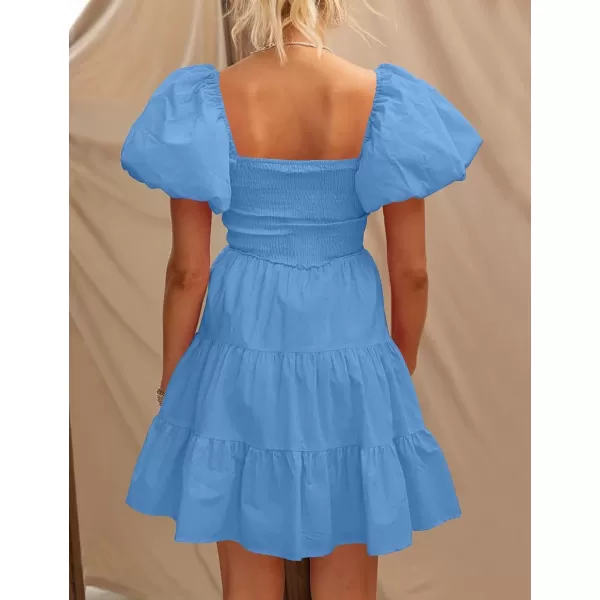 imageZESICA Womens 2023 Boho Summer Square Neck Puff Sleeve Off Shoulder Smocked Tiered Casual A Line Short Mini DressBlue