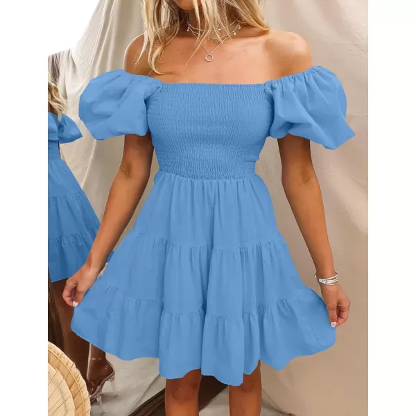imageZESICA Womens 2023 Boho Summer Square Neck Puff Sleeve Off Shoulder Smocked Tiered Casual A Line Short Mini DressBlue